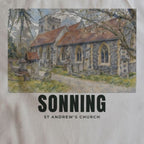 Close-up of the St Andrew's Church, Sonning drawing and lettering printed on natural cotton