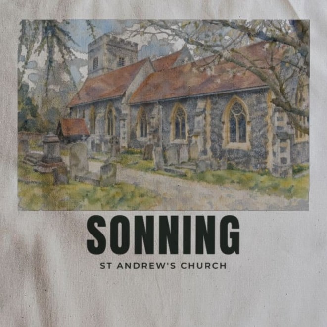 Close-up of the St Andrew's Church, Sonning drawing and lettering printed on natural cotton
