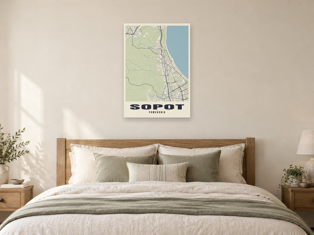Sopot Street Map Poster at A1, as a poster, above a bed