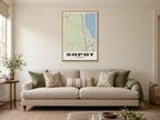 Sopot Street Map Poster at A1, in a natural wood frame, in a sitting room