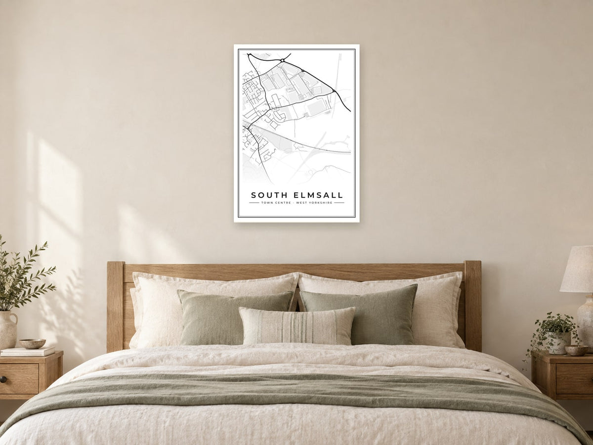 South Elmsall Town Centre Street Map Poster at A1, as a poster, above a bed