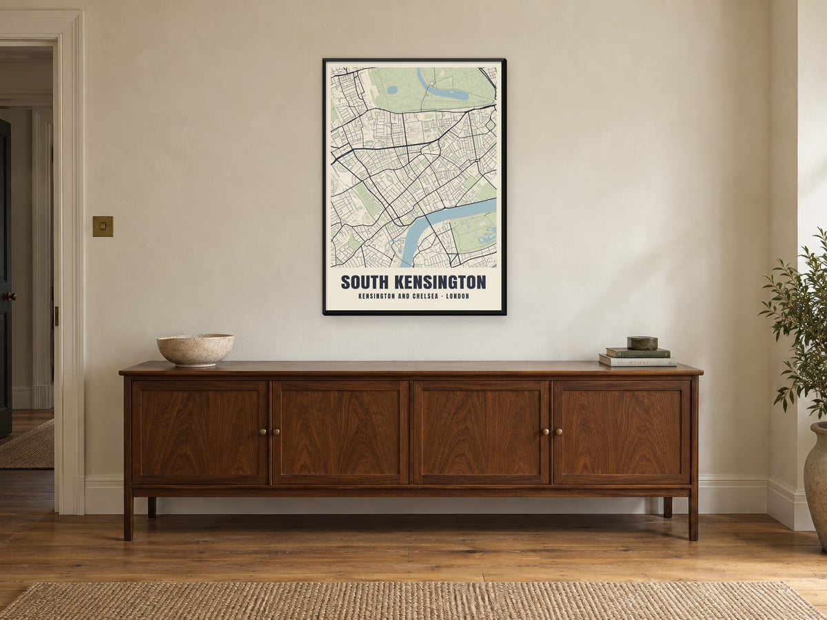 South Kensington Heritage Street Map Poster at A1, in a black frame, above a sideboard