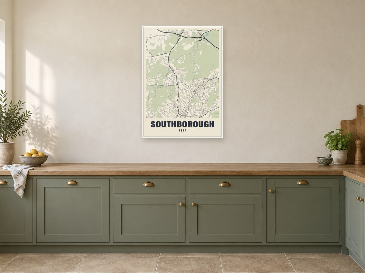 Southborough Street Map Poster at A1, in a white frame, in a kitchen