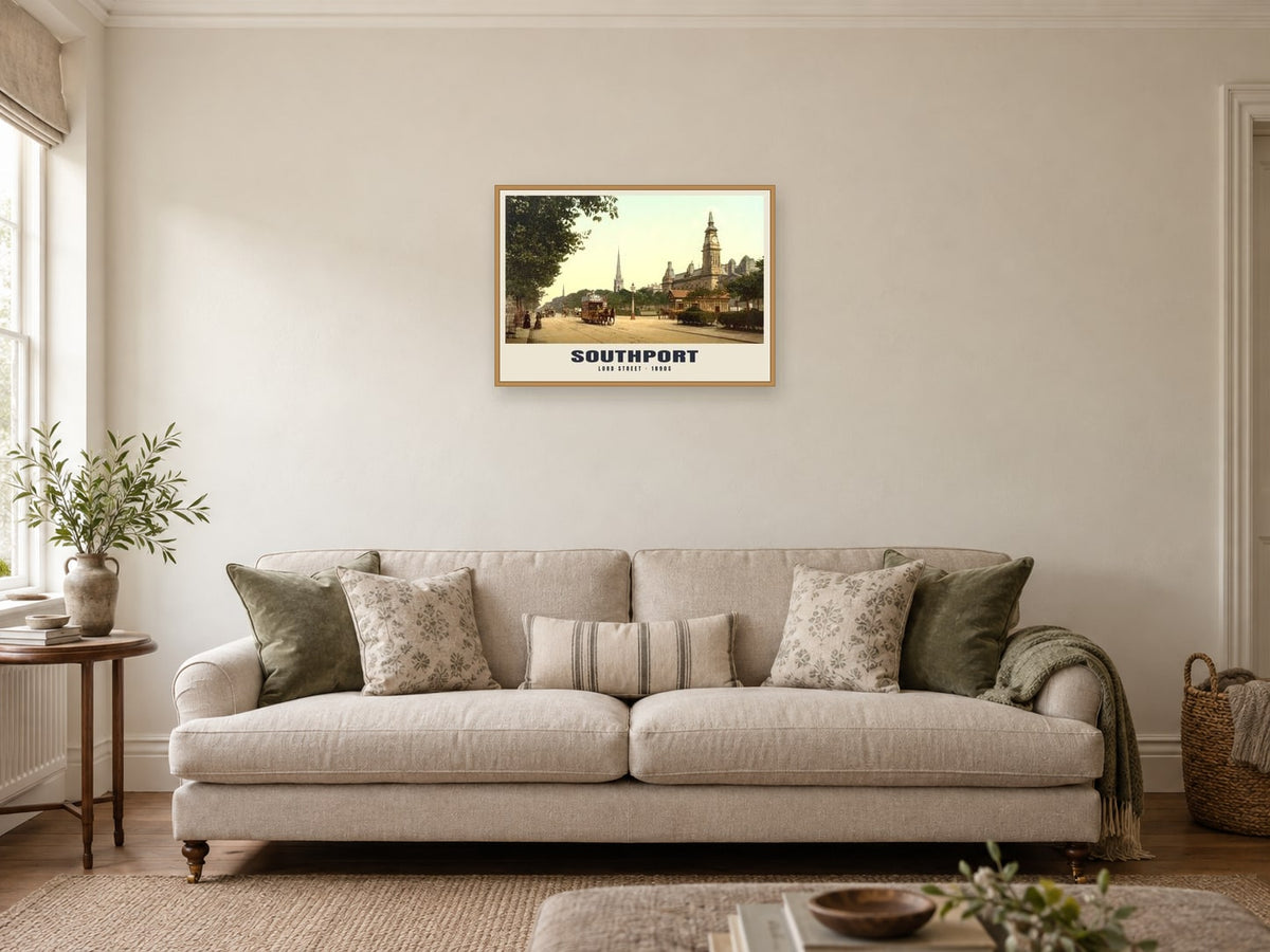 Lord Street, Southport, 1890s Heritage Print at A2, in a natural wood frame, in a sitting room