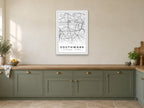 Southwark Street Map Poster at A1, in a white frame, in a kitchen
