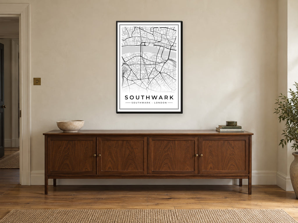 Southwark Street Map Poster at A1, in a black frame, above a sideboard