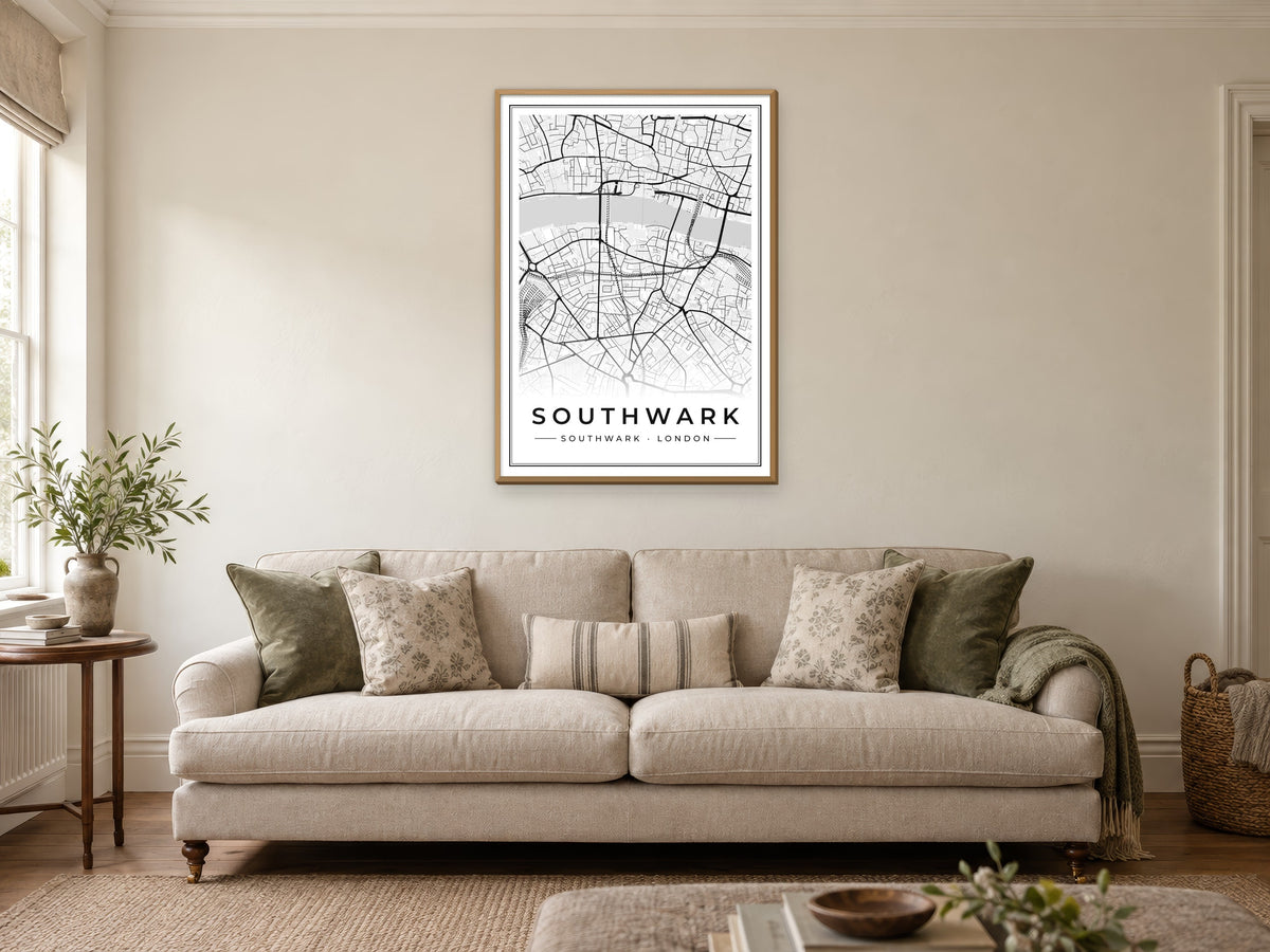 Southwark Street Map Poster at A1, in a natural wood frame, in a sitting room