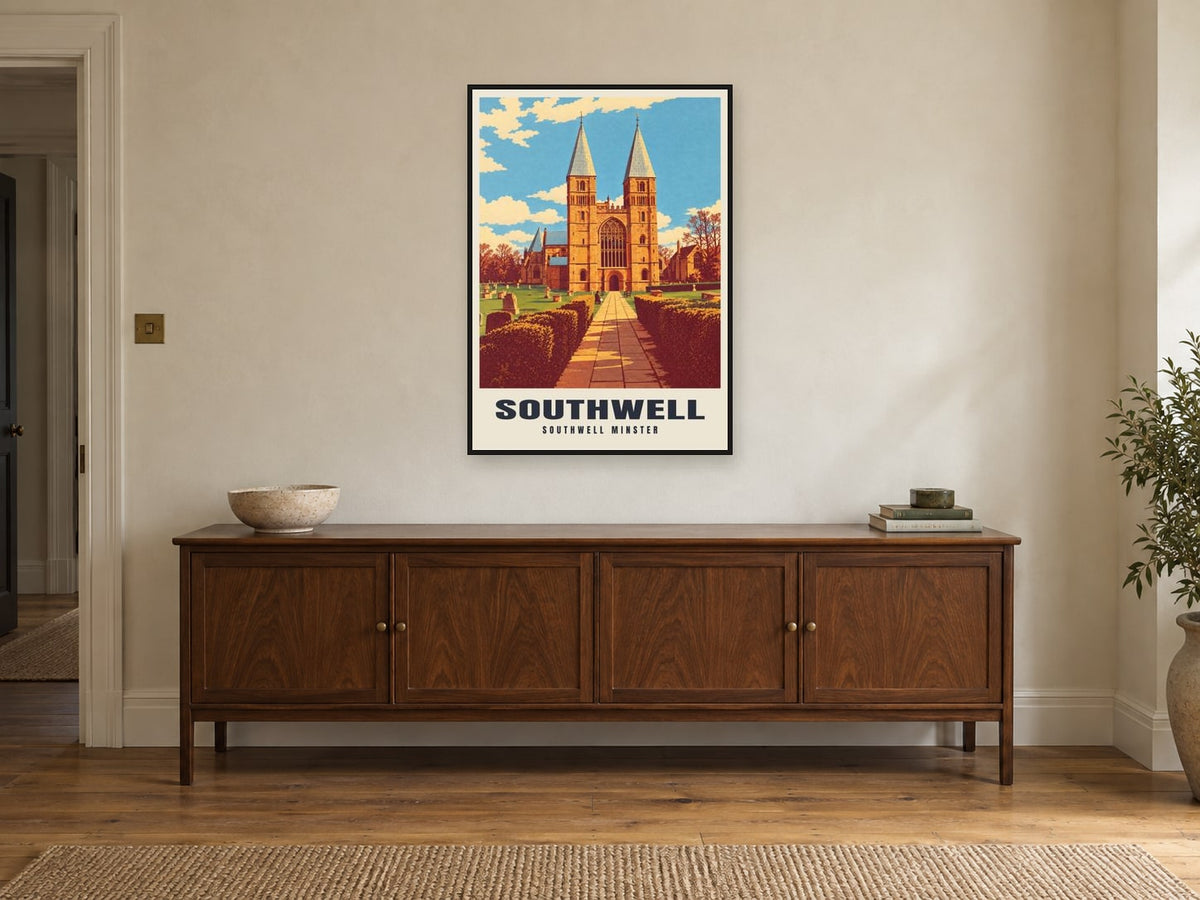 Southwell Minster Poster at A1, in a black frame, above a sideboard