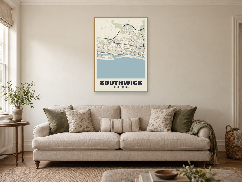 Southwick Street Map Poster at A1, in a natural wood frame, in a sitting room