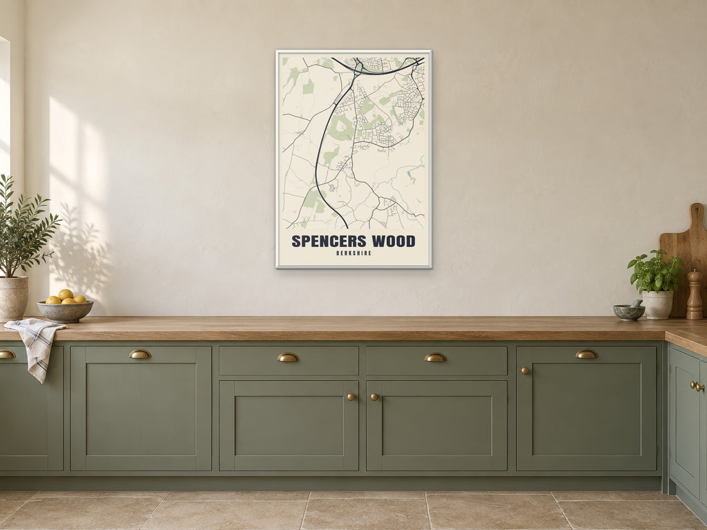 Spencers Wood Street Map Poster at A1, in a white frame, in a kitchen