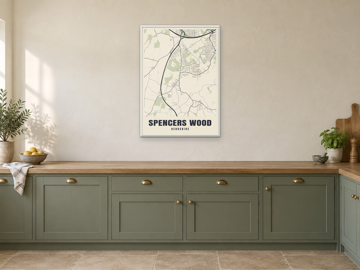 Spencers Wood Street Map Poster at A1, in a white frame, in a kitchen