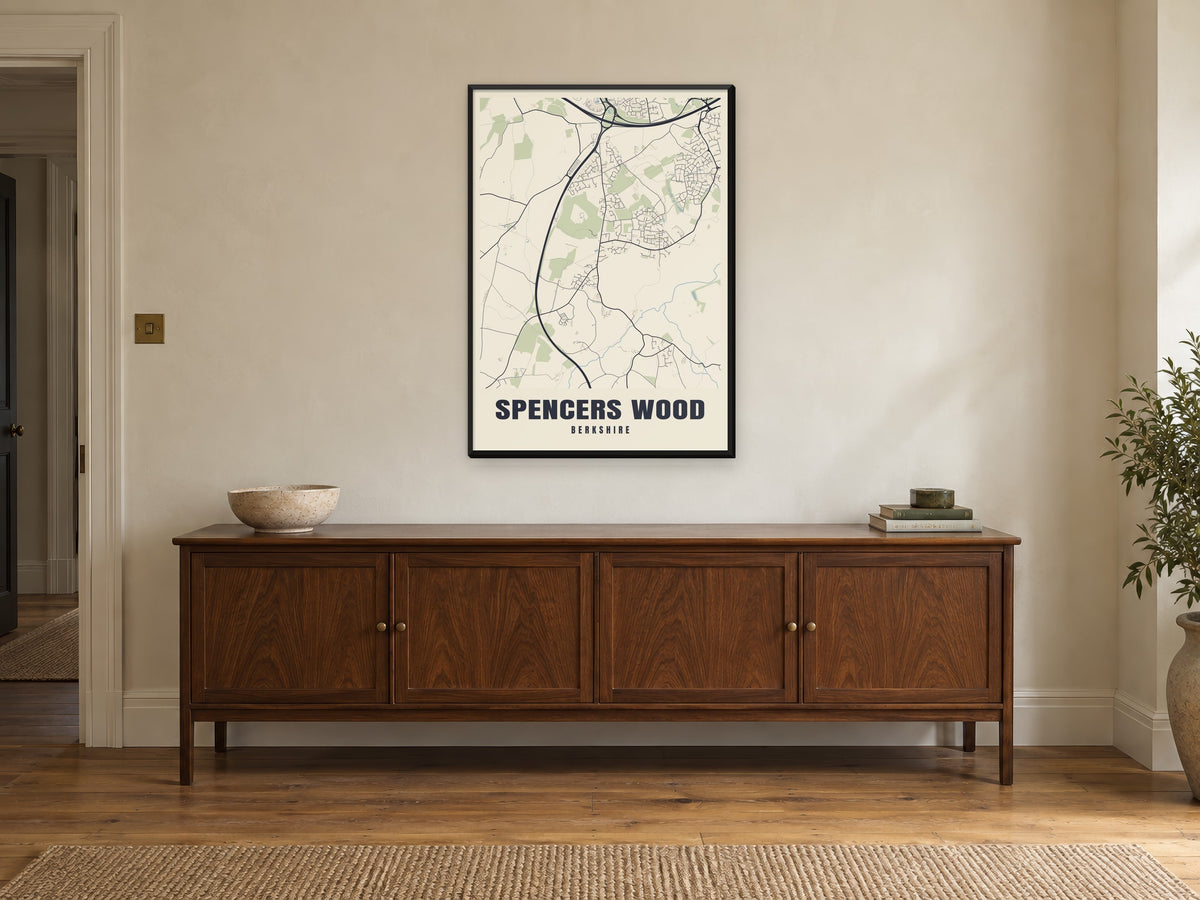 Spencers Wood Street Map Poster at A1, in a black frame, above a sideboard