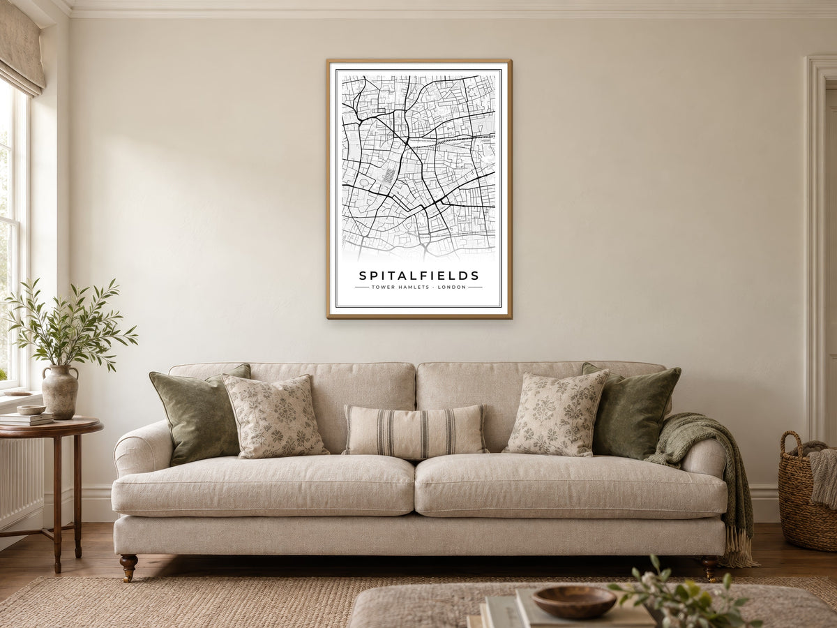 Spitalfields Street Map Poster at A1, in a natural wood frame, in a sitting room