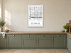 Spokane Downtown Street Map Poster at A1, in a white frame, in a kitchen