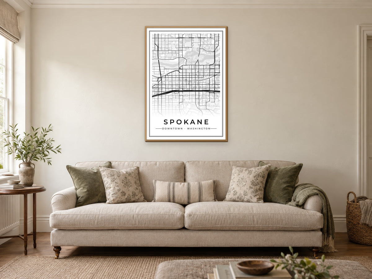 Spokane Downtown Street Map Poster at A1, in a natural wood frame, in a sitting room