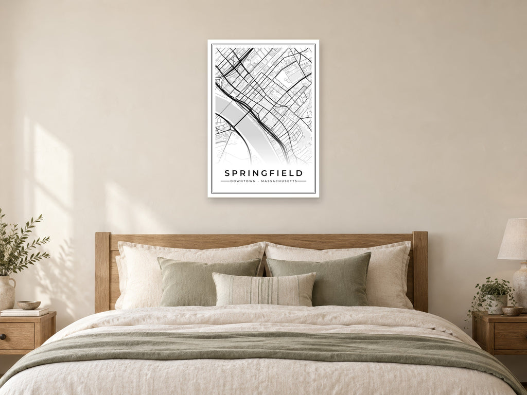 Springfield Downtown Street Map Poster at A1, as a poster, above a bed