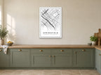 Springfield Downtown Street Map Poster at A1, in a white frame, in a kitchen