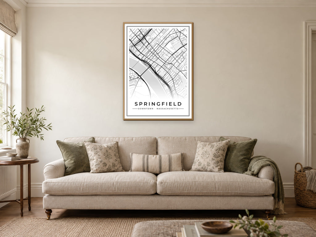 Springfield Downtown Street Map Poster at A1, in a natural wood frame, in a sitting room