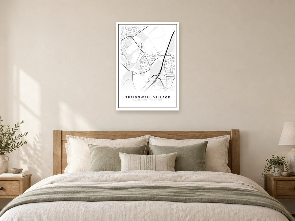 Springwell Village Village Centre Street Map Poster at A1, as a poster, above a bed