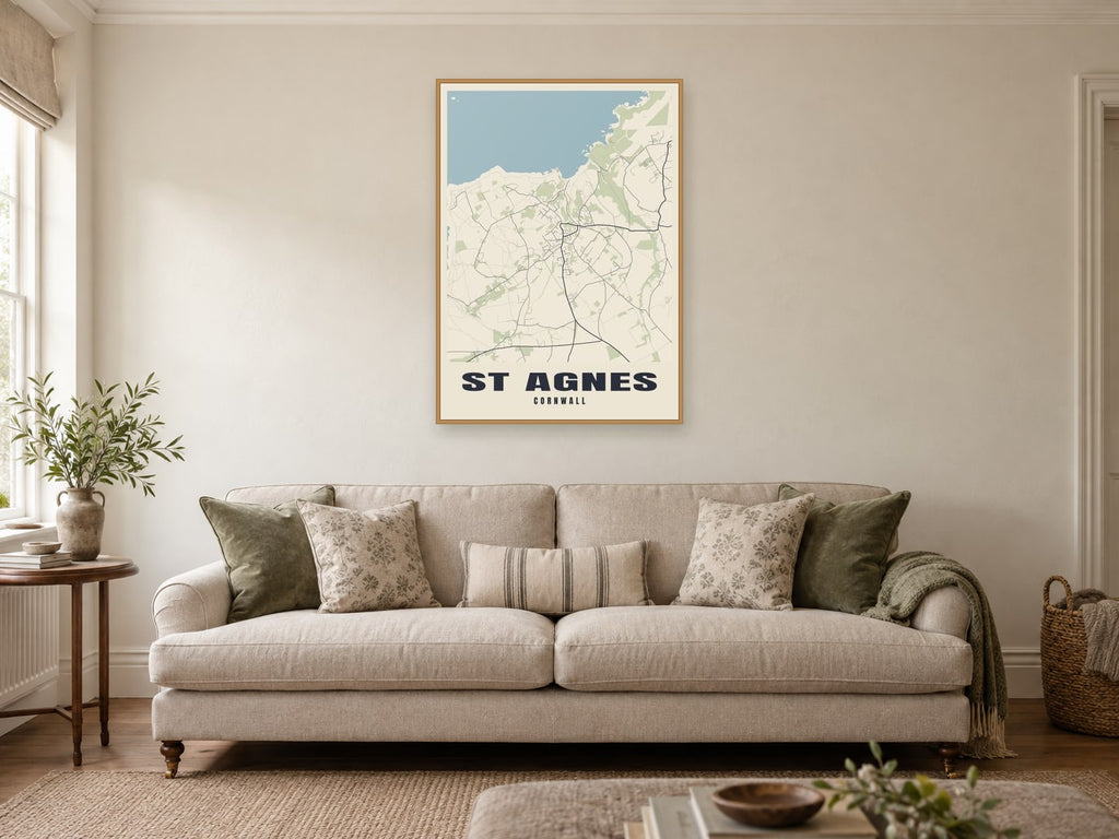 St Agnes Street Map Poster at A1, in a natural wood frame, in a sitting room
