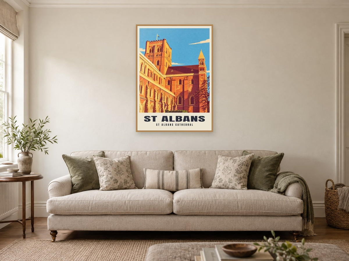 St Albans Cathedral Poster at A1, in a natural wood frame, in a sitting room