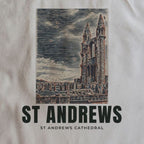 Close-up of the St Andrews Cathedral drawing and lettering printed on natural cotton