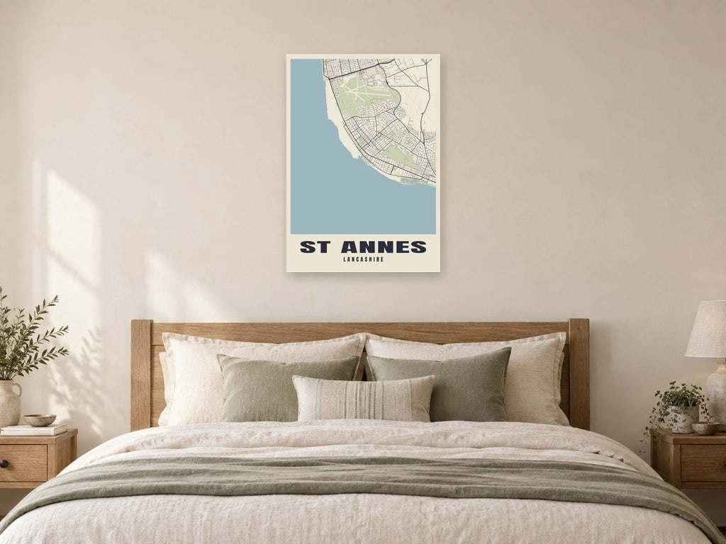St Annes Street Map Poster at A1, as a poster, above a bed