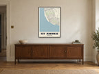 St Annes Street Map Poster at A1, in a black frame, above a sideboard