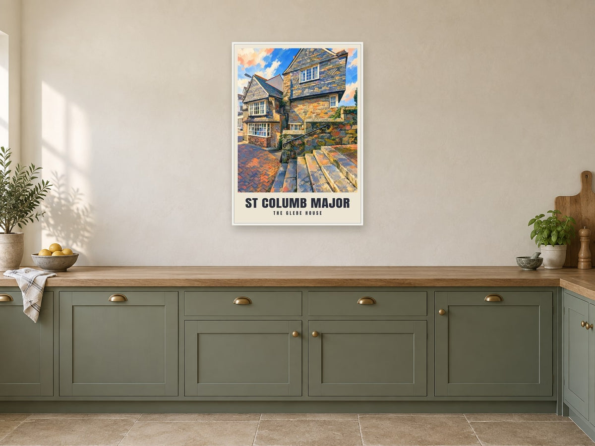 The Glebe House, St Columb Major Poster at A1, in a white frame, in a kitchen