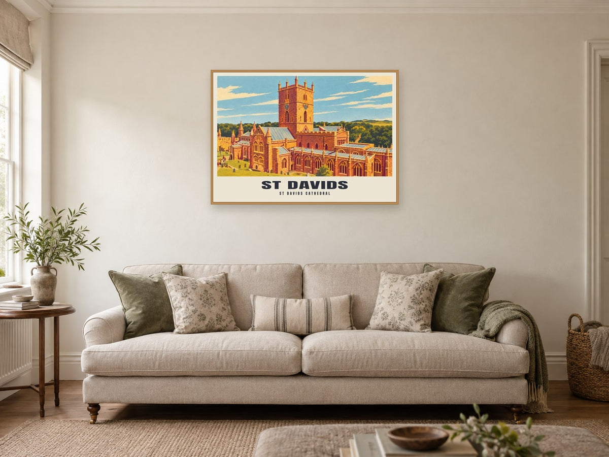 St Davids Cathedral Poster at A1, in a natural wood frame, in a sitting room