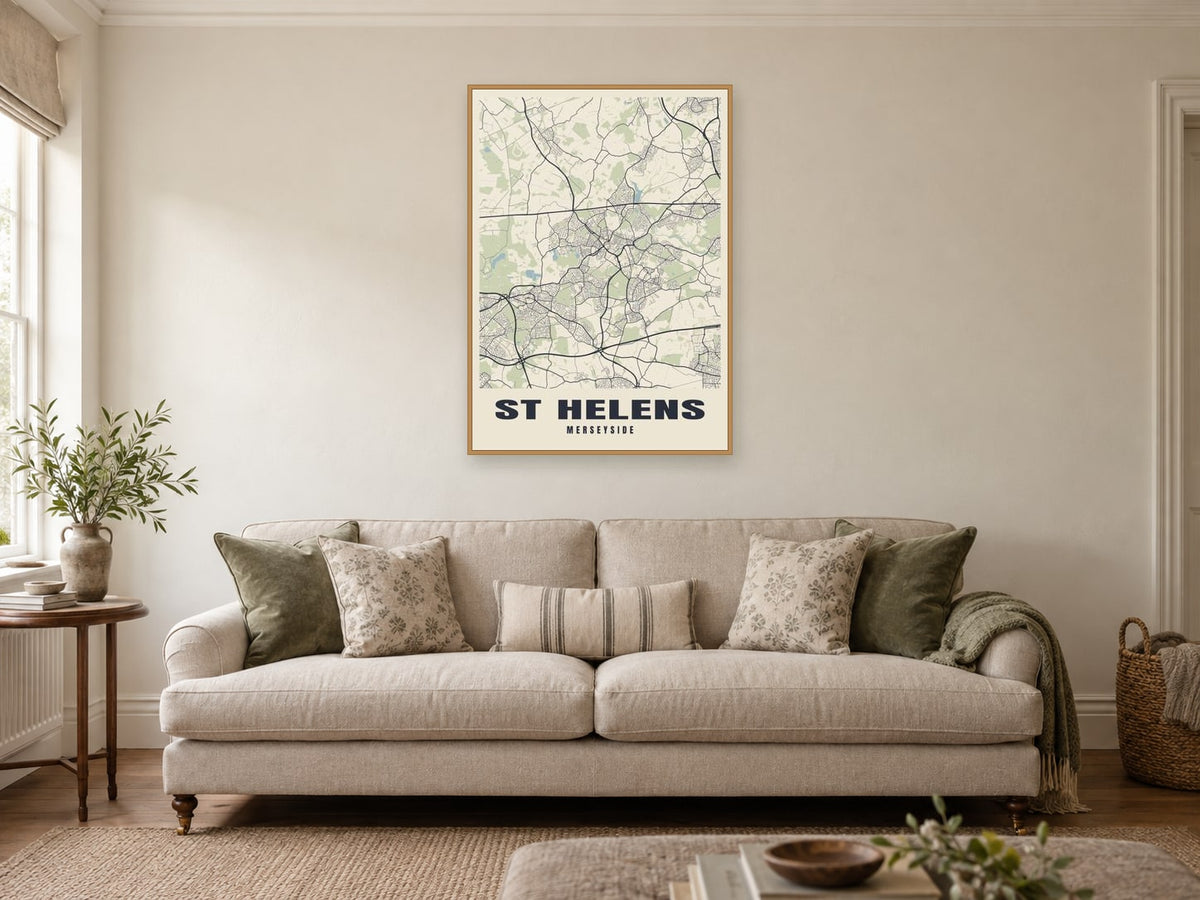 St Helens Street Map Poster at A1, in a natural wood frame, in a sitting room