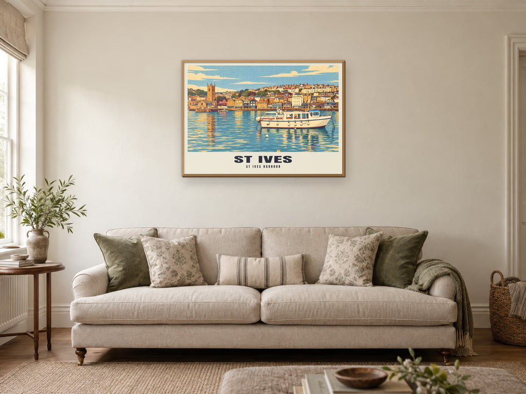 St Ives Harbour Poster at A1, in a natural wood frame, in a sitting room