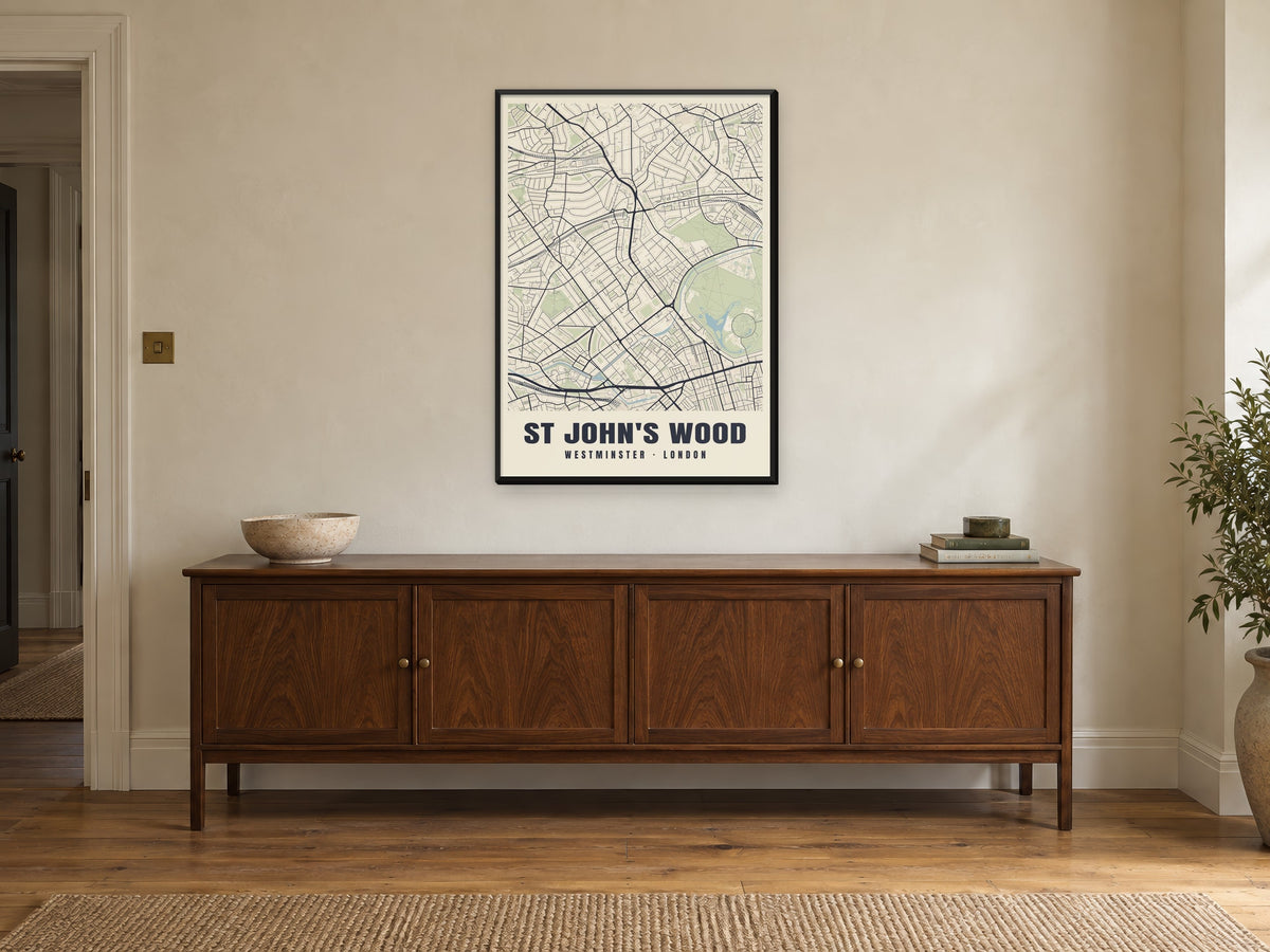 St John's Wood Heritage Street Map Poster at A1, in a black frame, above a sideboard