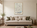 St Pancras Heritage Street Map Poster at A1, in a natural wood frame, in a sitting room