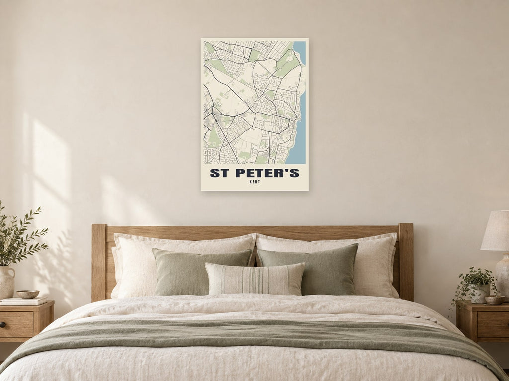 St Peter's Street Map Poster at A1, as a poster, above a bed