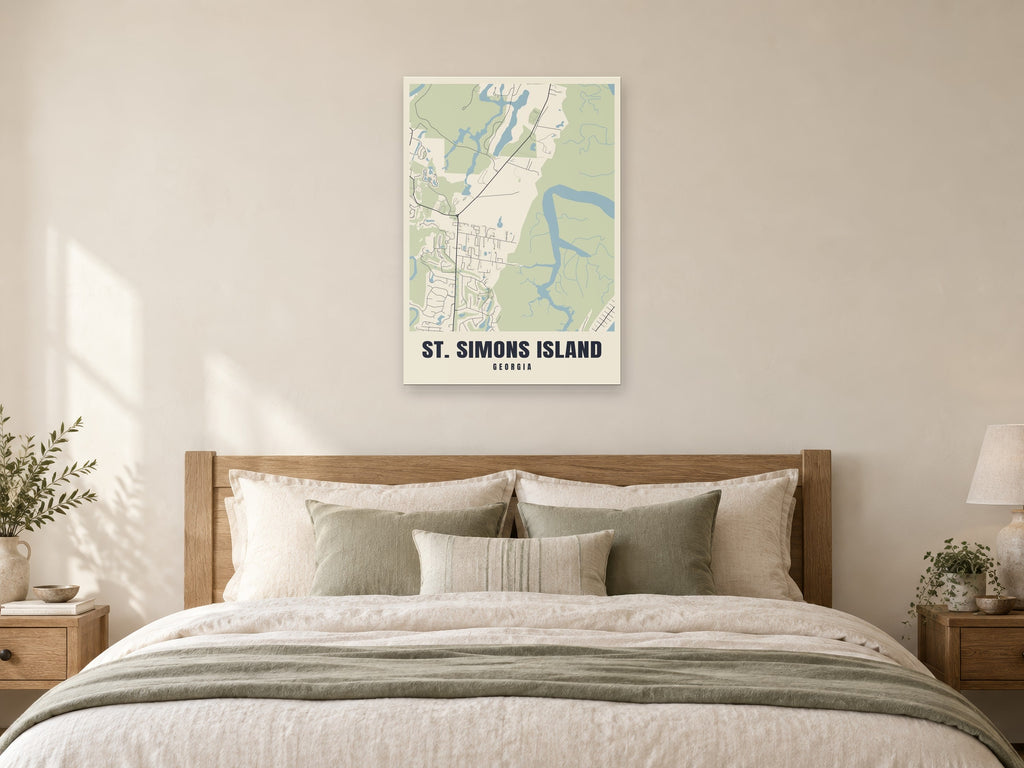 St. Simons Island Street Map Poster at A1, as a poster, above a bed