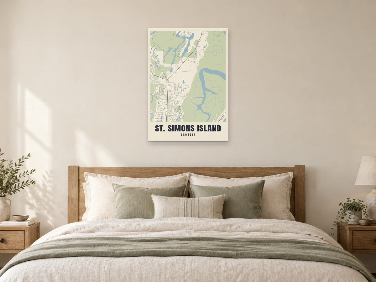 St. Simons Island Street Map Poster at A1, as a poster, above a bed