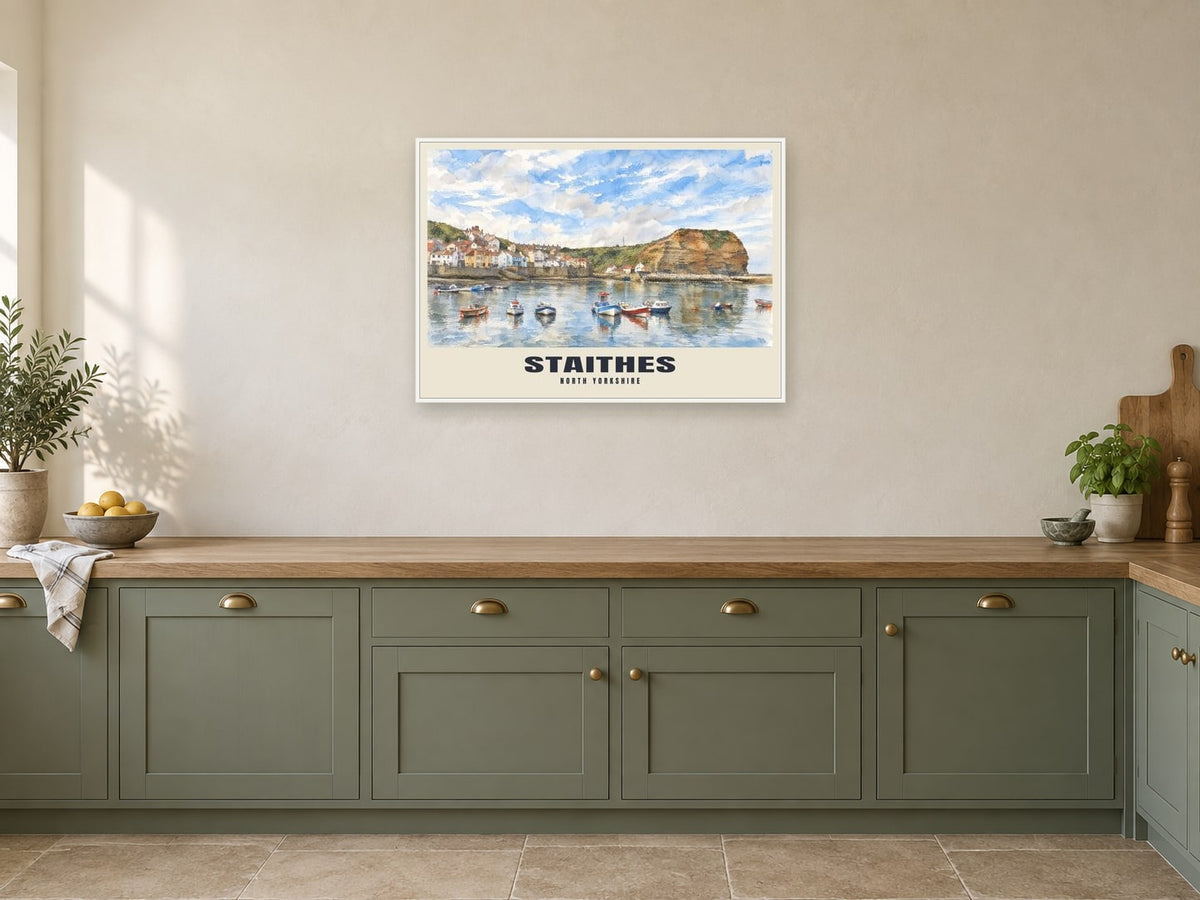 Staithes Poster at A1, in a white frame, in a kitchen