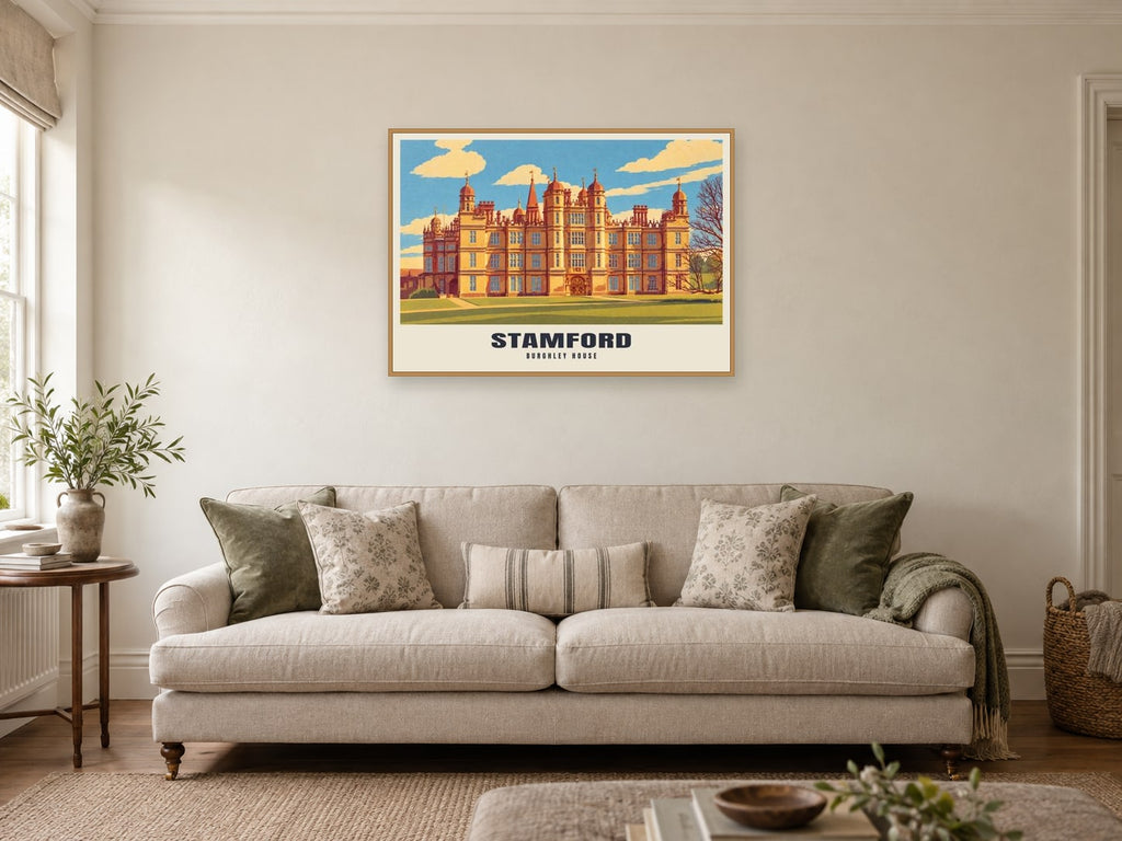 Burghley House, Stamford Poster at A1, in a natural wood frame, in a sitting room