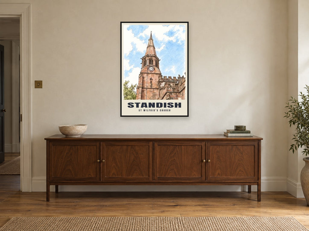 St Wilfrid’s Church, Standish Poster at A1, in a black frame, above a sideboard