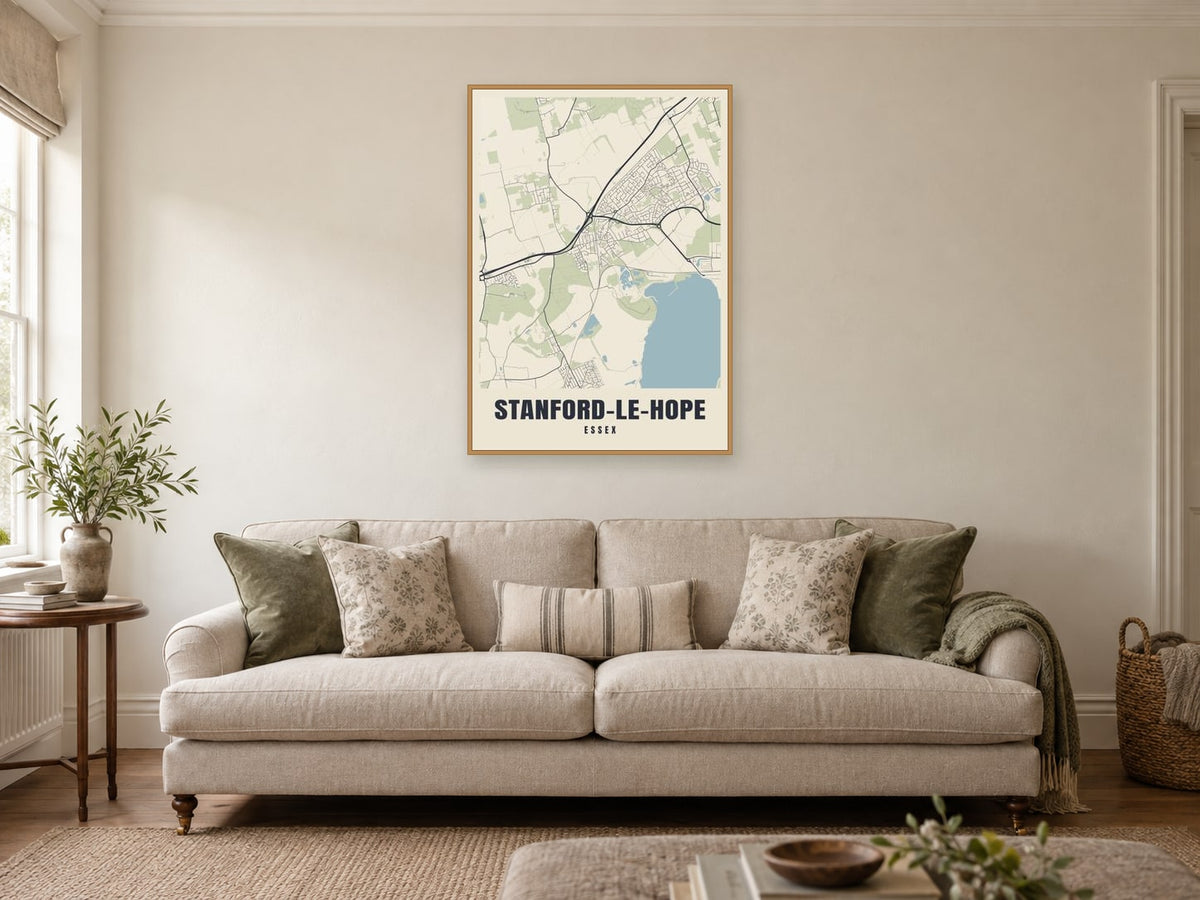 Stanford-le-Hope Street Map Poster at A1, in a natural wood frame, in a sitting room