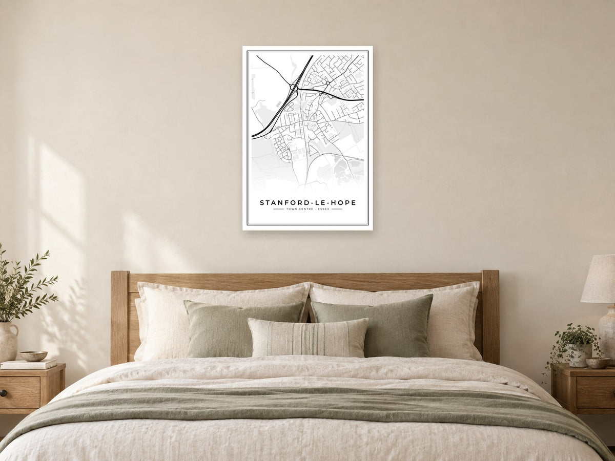 Stanford-le-Hope Town Centre Street Map Poster at A1, as a poster, above a bed