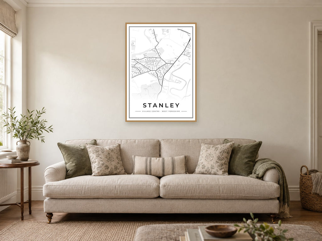 Stanley Village Centre Street Map Poster at A1, in a natural wood frame, in a sitting room