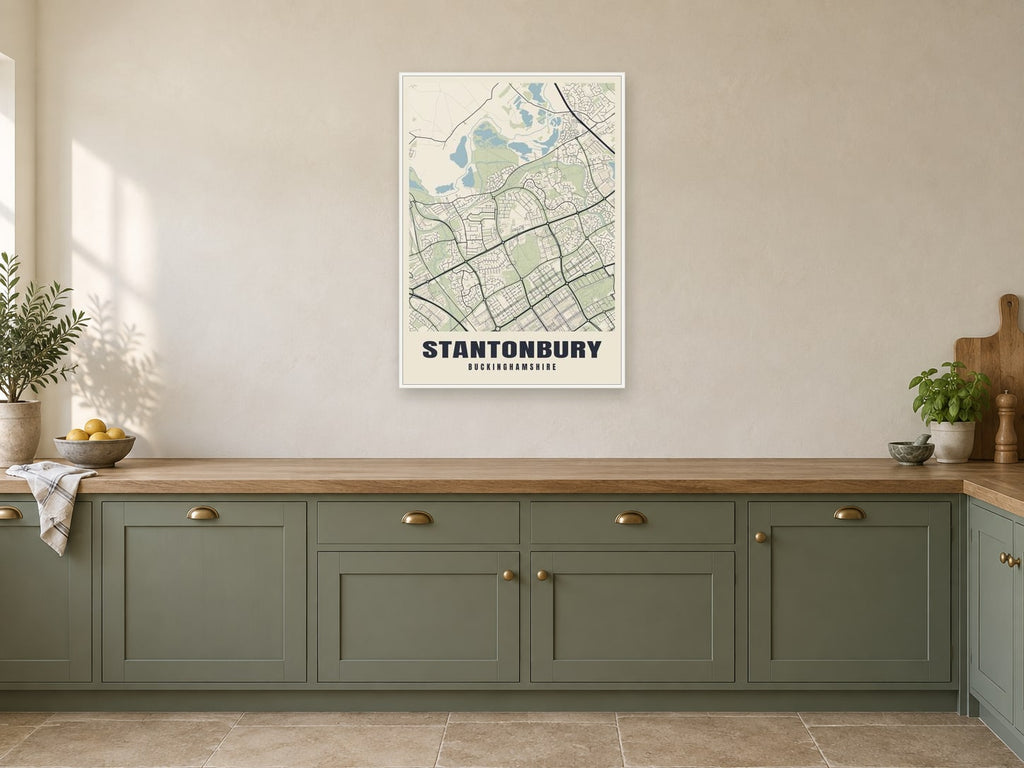 Stantonbury Street Map Poster at A1, in a white frame, in a kitchen