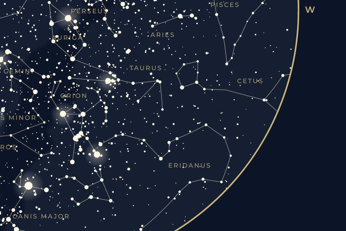 Gros plan de la carte du ciel de Reading à taille d'impression réelle : Orion, le Taureau, les Pléiades et Sirius