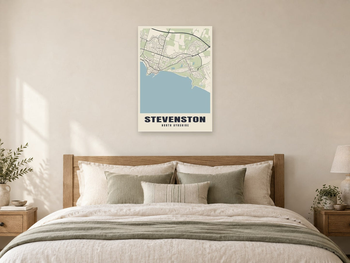 Stevenston Street Map Poster at A1, as a poster, above a bed