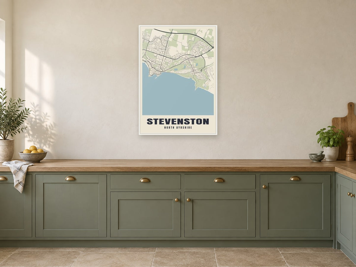 Stevenston Street Map Poster at A1, in a white frame, in a kitchen