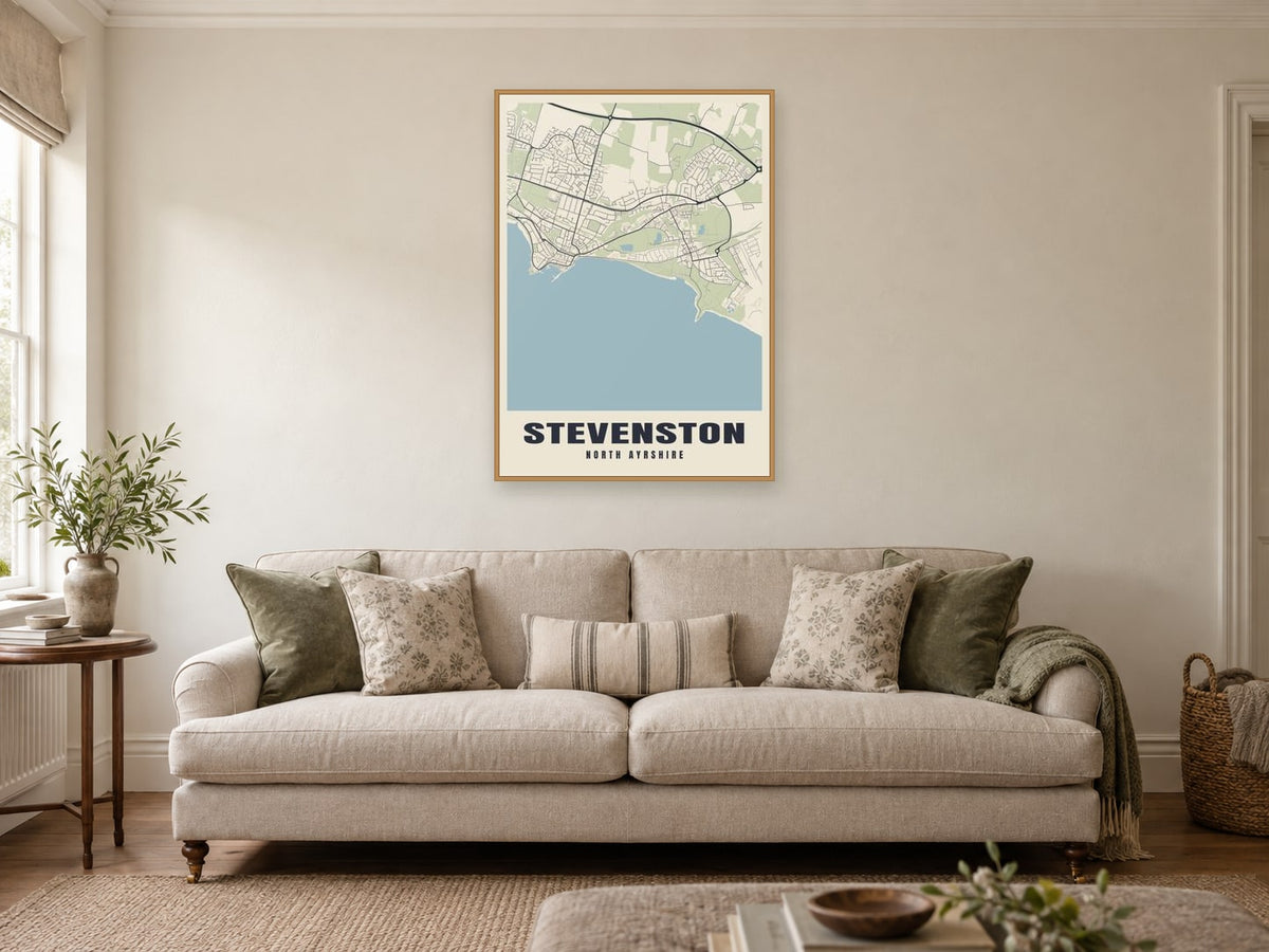 Stevenston Street Map Poster at A1, in a natural wood frame, in a sitting room
