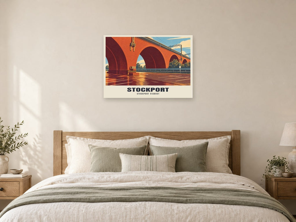 Stockport Viaduct Poster at A1, as a poster, above a bed