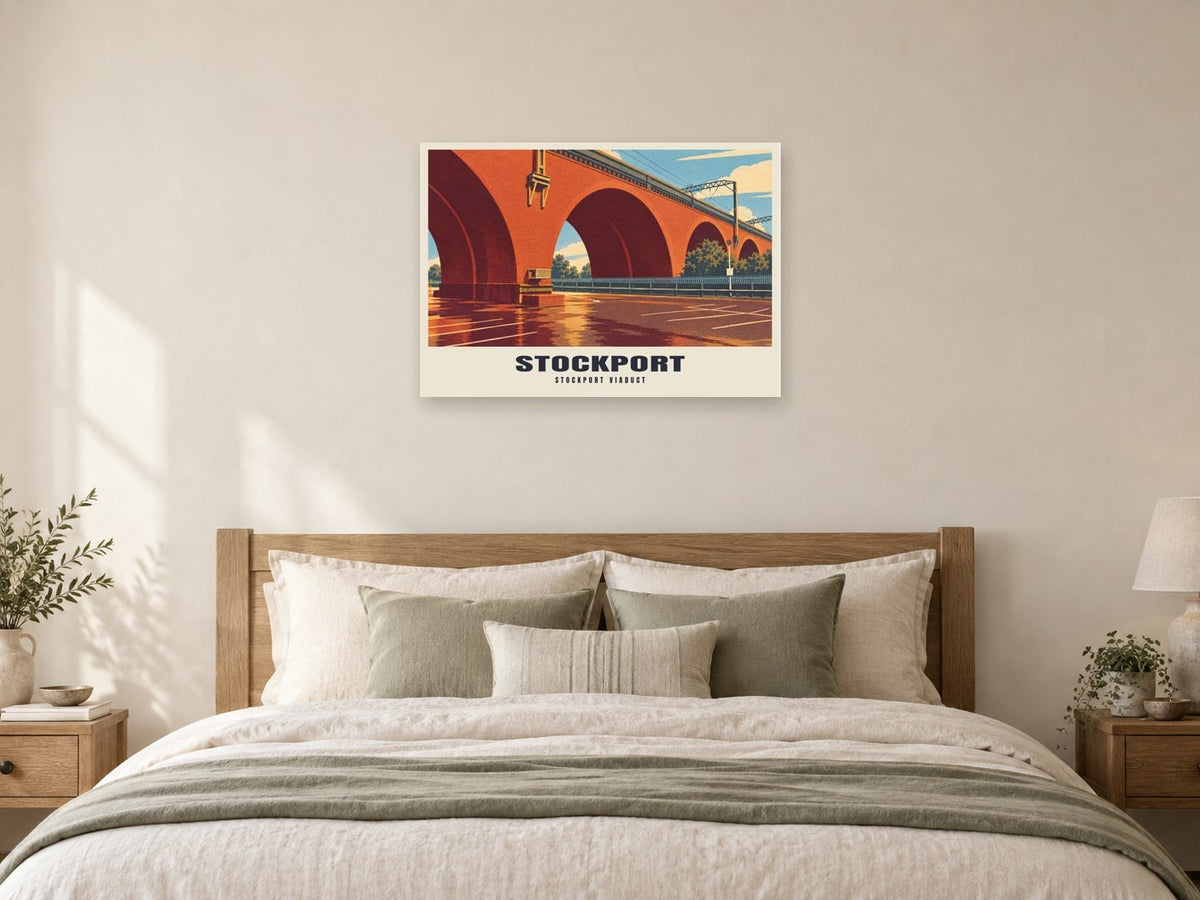 Stockport Viaduct Poster at A1, as a poster, above a bed